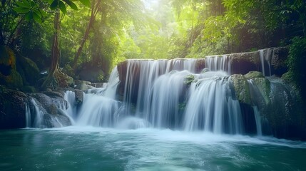 Waterfall is flowing in jungle. Waterfall in green forest. Mountain waterfall. Cascading stream in lush forest. Nature background. Rock or stone at waterfall. Water sustainability. Water conservation.