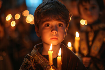 Little boy holding burning candle on church. Child lights a candle in a chapel. Happy Easter, Christmas. Ascension Day, Trinity Sunday