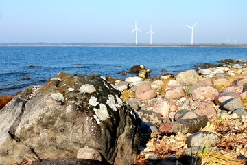 Wind generators on the shoreline of the Baltic Sea, Estonia, Lääne county, Puhtu nature reserve