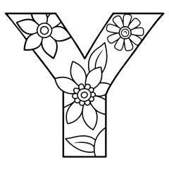 Alphabet Y coloring page with the flower, Y letter digital outline floral coloring page, ABC coloring page