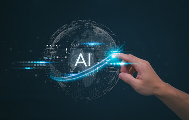 The person showing AI technology that connects information to various systems, concepts,...