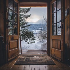 a door to a snowy landscape