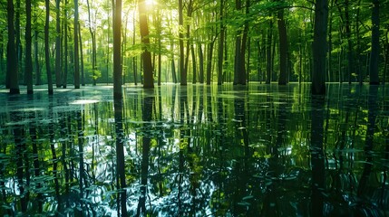 Fototapeta na wymiar Wetlands and natural carbon sink concept. Wetlands forest with reflections in water. Freshwater wetland. Body of water. Landscape of natural carbon capture. Sustainable Ecosystems.