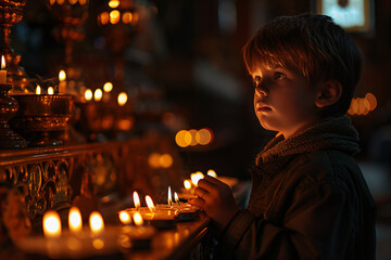 Little boy holding burning candle on church. Child lights a candle in a chapel. Happy Easter, Christmas. Ascension Day, Trinity Sunday