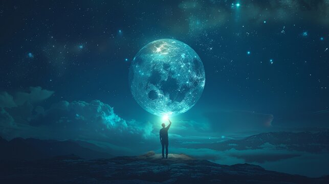 An inspirational poster with a lone activist holding a globe lit by renewable energy, stars in the night sky, designed with ample text space at the top