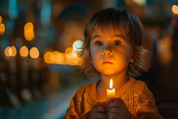 Little girl holding burning candle on church. Child lights a candle in a chapel. Happy Easter, Christmas. Ascension Day, Trinity Sunday