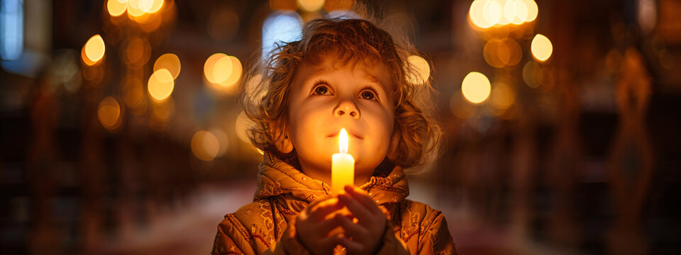 Little boy holding burning candle on church. Child lights a candle in a chapel. Happy Easter, Christmas. Ascension Day, Trinity Sunday - Powered by Adobe