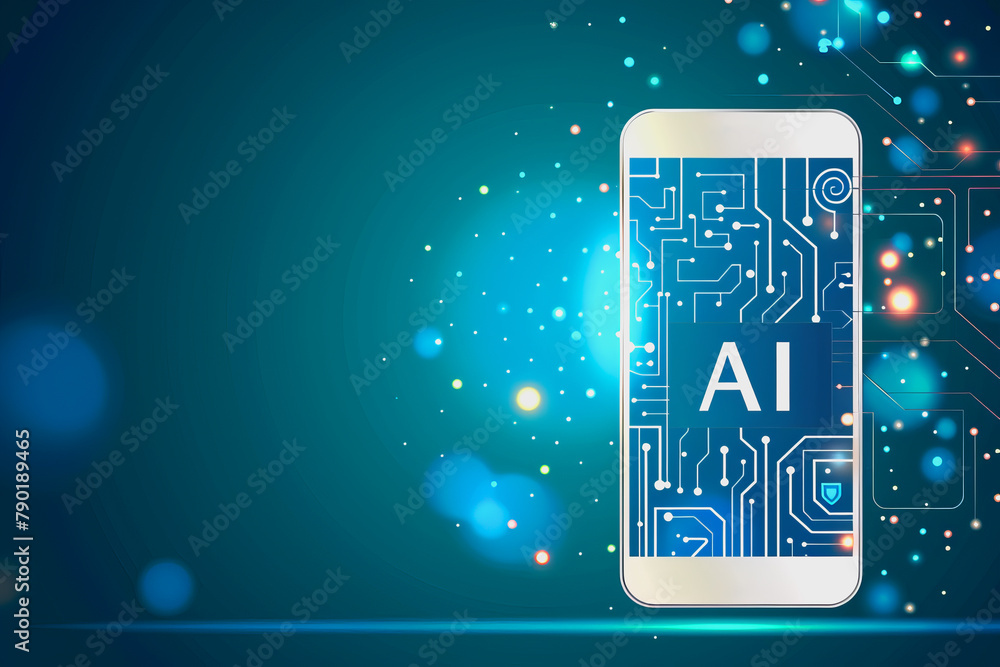 Poster smartphone translucent screen displaying interface artificial intelligence abstract, futuristic