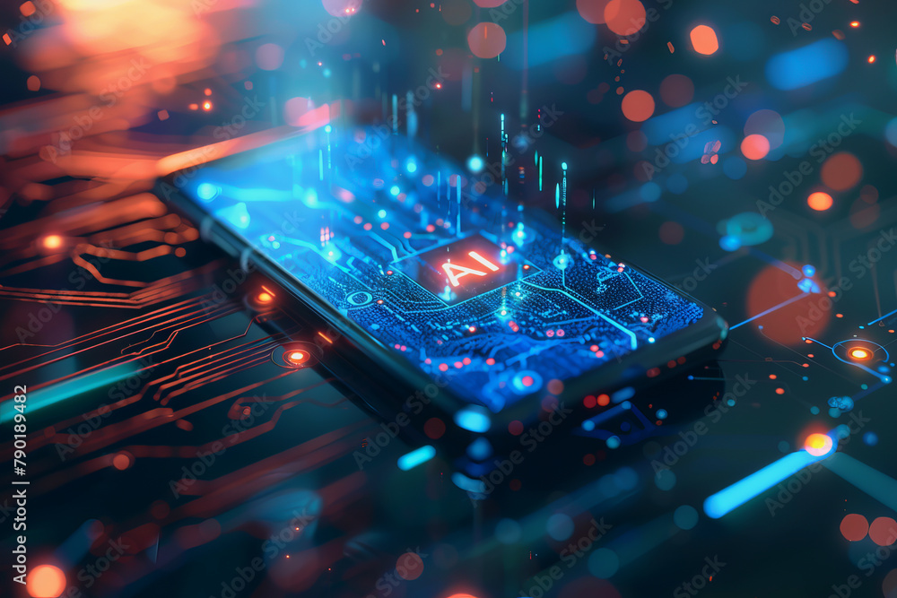 Poster smartphone translucent screen displaying interface artificial intelligence abstract, futuristic