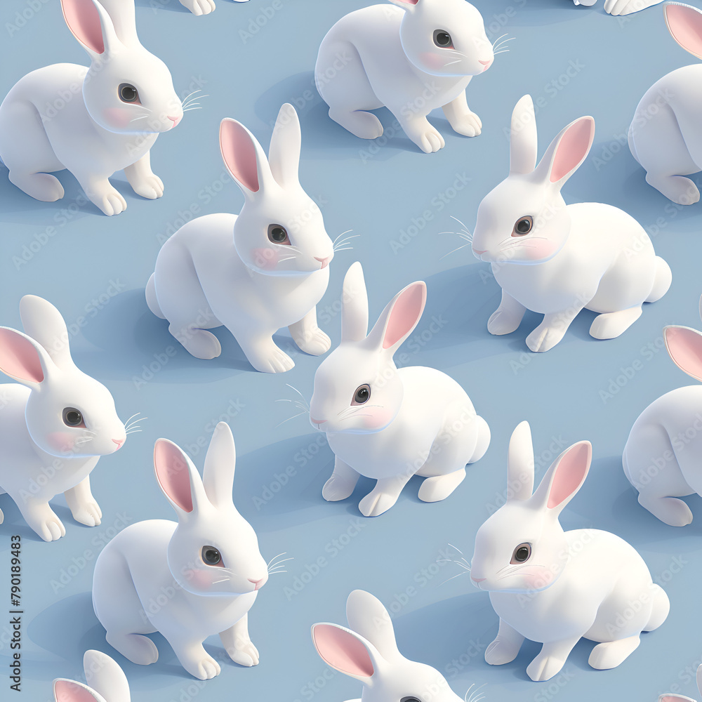 Aufkleber a row of white rabbits are sitting on a blue background. the rabbits are all facing the same directi