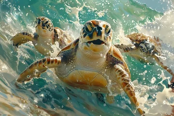 Foto op Plexiglas endangered sea turtle swimming in clear blue ocean waters with sunlight © Belho Med