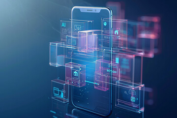 smartphone translucent screen displaying interface  Artificial Intelligence abstract, futuristic