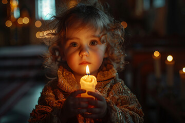 Little girl holding burning candle on church. Child lights a candle in a chapel. Happy Easter, Christmas. Ascension Day, Trinity Sunday