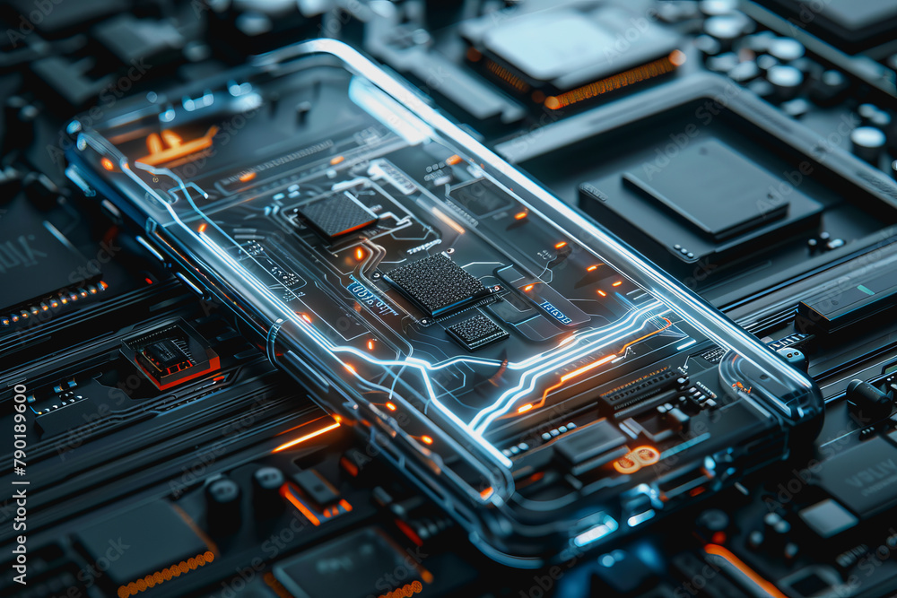 Poster smartphone translucent screen displaying interface artificial intelligence abstract, futuristic