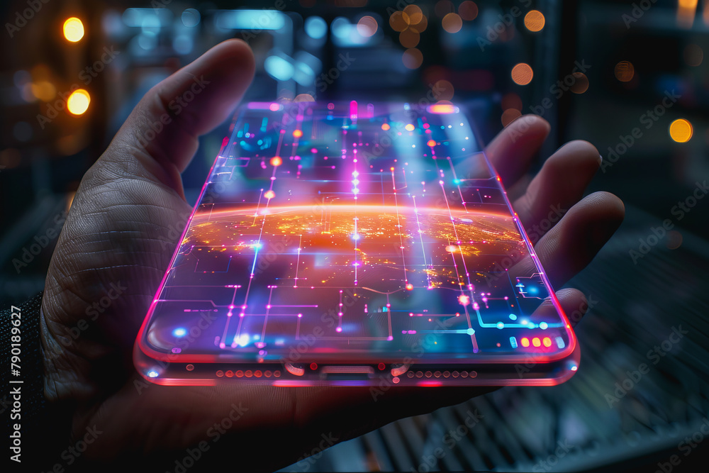 Poster smartphone translucent screen displaying interface  Artificial Intelligence abstract, futuristic