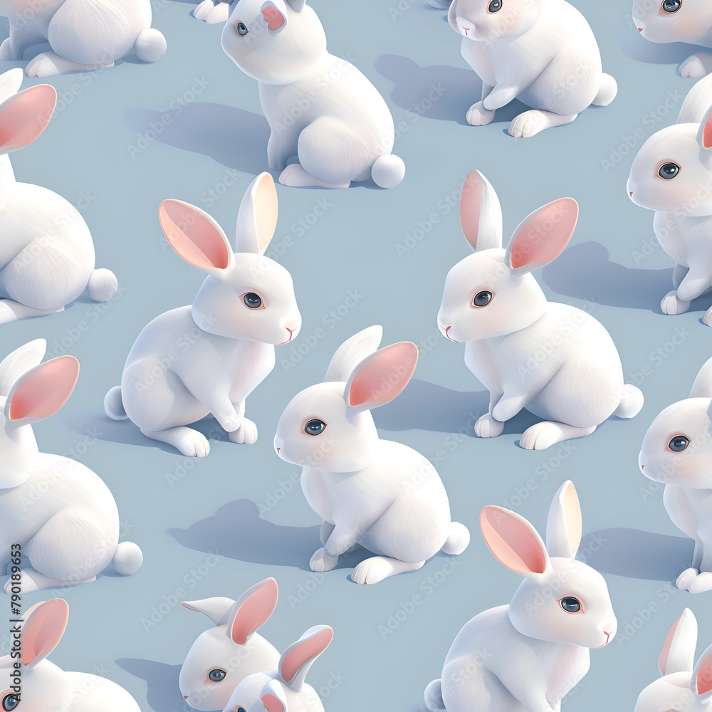 Aufkleber a row of white rabbits are sitting on a blue background. the rabbits are all facing the same directi