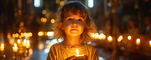 Little girl holding burning candle on church. Child lights a candle in a chapel. Happy Easter, Christmas. Ascension Day, Trinity Sunday
