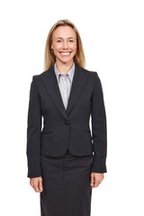 Female person and confidence with smile in studio or attorney, corporate or lawyer with job. Woman, face and relax on backdrop in portrait for law firm, advocate or advisor with career in London