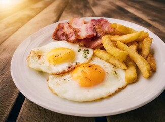 Fried eggs with bacon and french fries