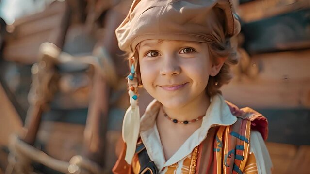 Young boy dressed as a pirate smiling happily against a wooden structure. The concept of childhood imagination and play.