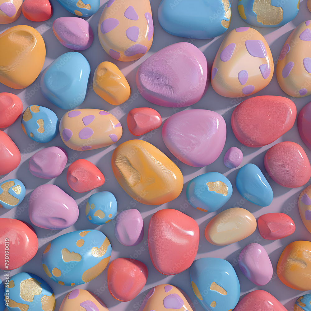Poster a colorful rock pattern with a purple background. the rocks are of different colors and sizes, and t