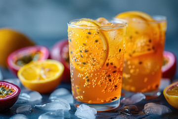 zesty passion fruit iced tea with lemon garnish and ice cubes