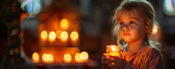 Little girl holding burning candle on church. Child lights a candle in a chapel. Happy Easter, Christmas. Ascension Day, Trinity Sunday