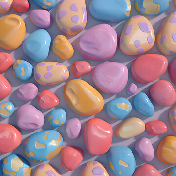 A colorful rock pattern with a purple background. The rocks are of different colors and sizes, and they are arranged in a way that creates a visually interesting and playful scene. Generative AI