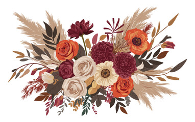 Boho chic wedding bouquet with an autumn color palette. Beautiful arrangement of roses, dahlias, ranunculus, and pampas grass in warm shades of orange, red, taupe, burgundy, brown. Vector isolated.