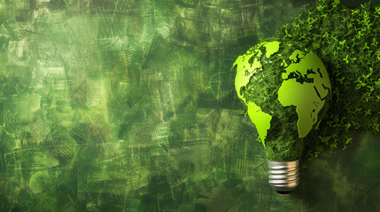 A green light bulb with a globe on top of it. The globe is shaped like the earth