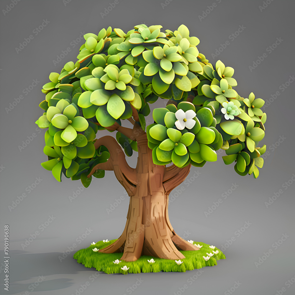 Poster a tree with green leaves is standing in a grassy field. the tree is surrounded by rocks and has a sm