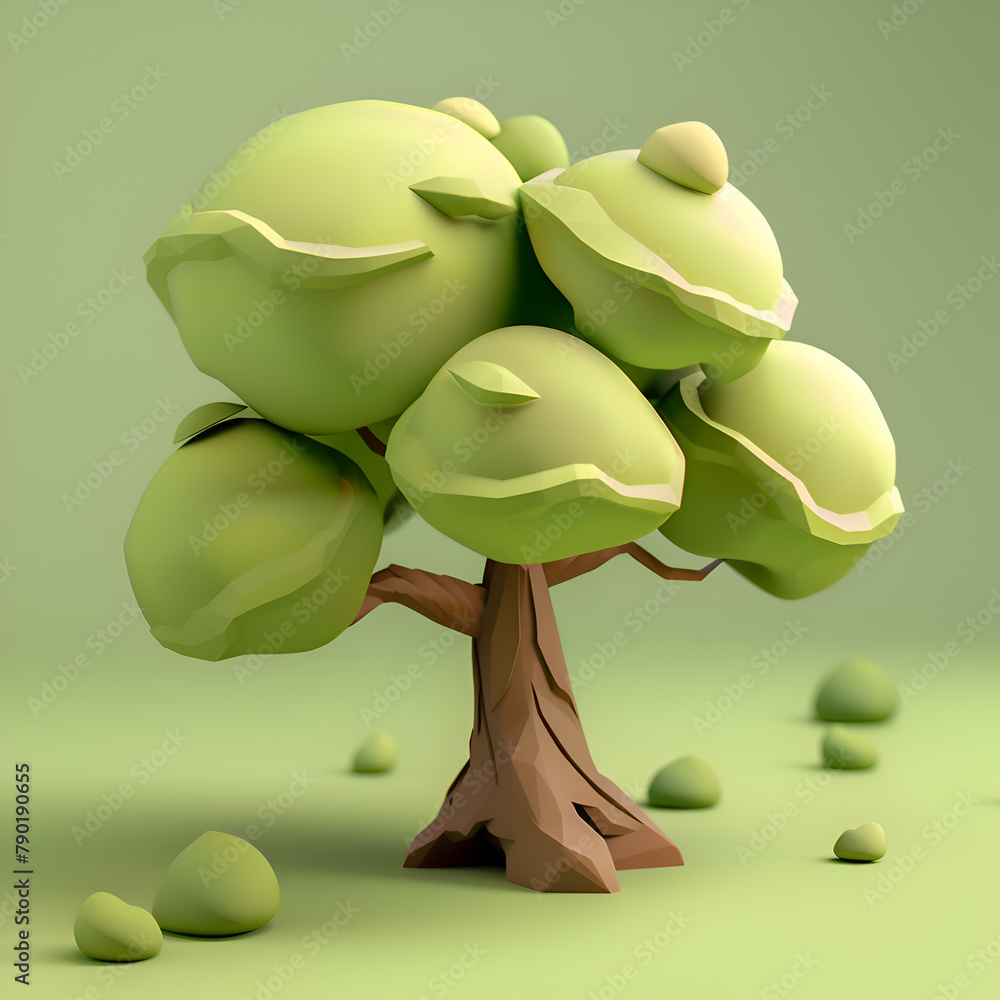 Poster a tree with green leaves is standing in a grassy field. the tree is surrounded by rocks and has a sm