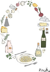 Graphic risotto poster, hand drawn vector illustration. Ingredients for Italian restaurant or mediterranean food. risotto food elements clip art. Delicious Italian appetizer - 790190673