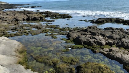Fototapeta na wymiar A rocky shoreline with tide pools teeming with lif