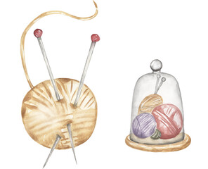 Hand-drawn watercolor yarn ball elements clipart. crafts and Yarn Hobbies illustration, needles - 790190811