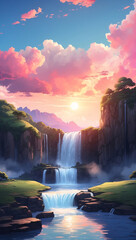 Anime-Style Waterfall Sunset with Cloud Aesthetic Wallpaper