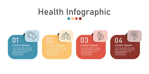 Infographic health care template for treatment and health care information presentation. Vector square with organ icons and examples sentences. Modern workflow diagrams. Report plan 4 topics