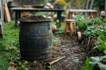 Obraz premium A detailed view of a compost bin in an organic farm setting, nutrient-rich soil and tools nearby, space for text at the bottom
