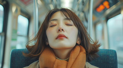 Amidst the hustle and bustle of Tokyo's subway, a young Japanese woman's commute captures the city's dynamic essence, reflecting her spirited journey on the bustling skytrain.