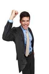 Businessman, portrait and excited with suit, isolated and celebration in studio or background. Male person, cheerful and smiling in backdrop for recruitment, hiring and job opportunity or success