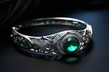 Silver bracelet with green color stone