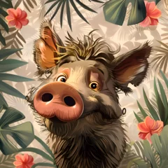 Fotobehang A cartoon pig with a big smile on its face is looking at the camera. The background features a lush green jungle with lots of flowers, including pink ones. Scene is cheerful and playful. Generative AI © Keattipoom