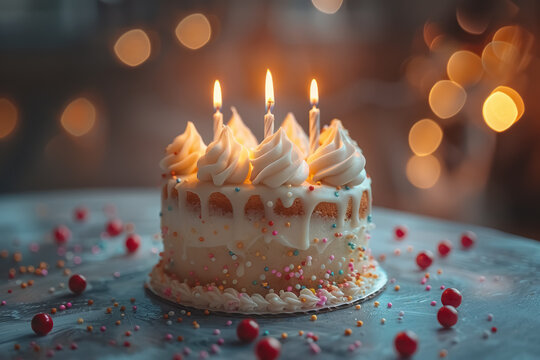 elegant birthday cake with golden bokeh lights and lit candles celebration