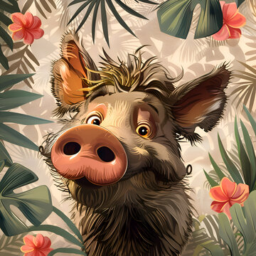 A cartoon pig with a big smile on its face is looking at the camera. The background features a lush green jungle with lots of flowers, including pink ones. Scene is cheerful and playful. Generative AI