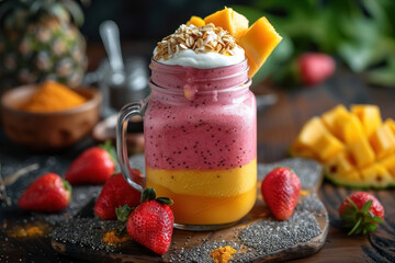 colorful layered tropical fruit smoothie in mason jar with mango and strawberries - obrazy, fototapety, plakaty