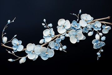 A branch of light blue orchid flowers, detailed illustration isolated on a black background