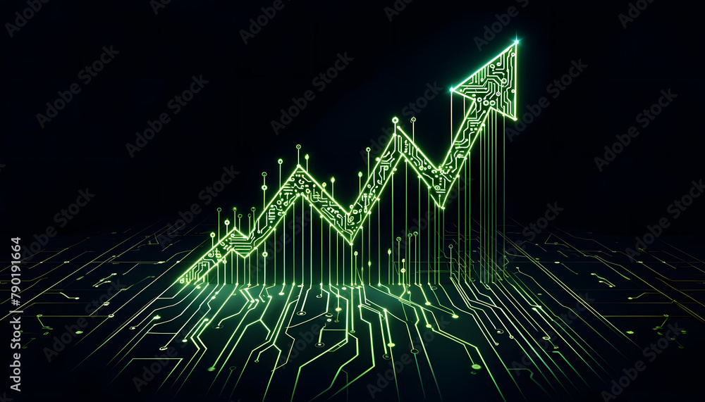 Poster concept of economic growth, a three-dimensional digital graph with a rising curve, glowing points, a