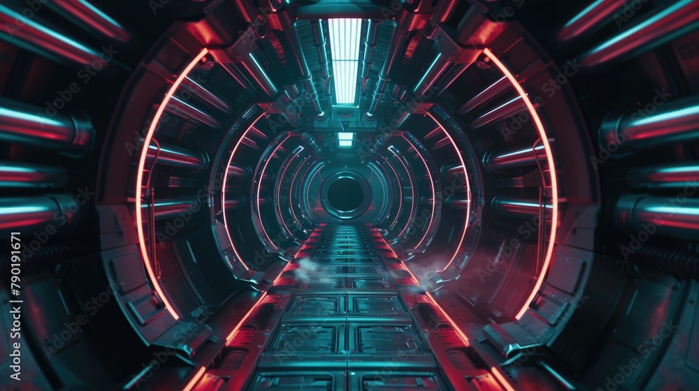 Poster step into the abstract and futuristic tunnel nestled within a virtual spaceship this animated scene 