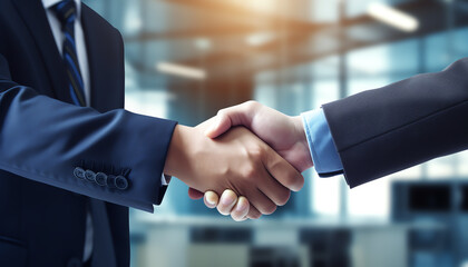 Two business professionals shaking hands in a modern office, sealing a successful deal with smiles, perfect for corporate success stories and partnership announcements