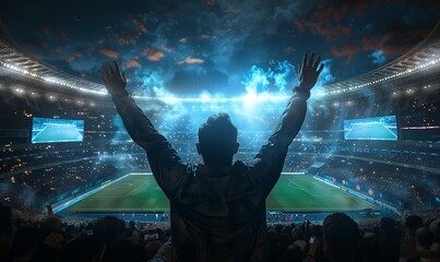 Naklejka premium Back view football, soccer fans support their team and celebrate goal, score, victory